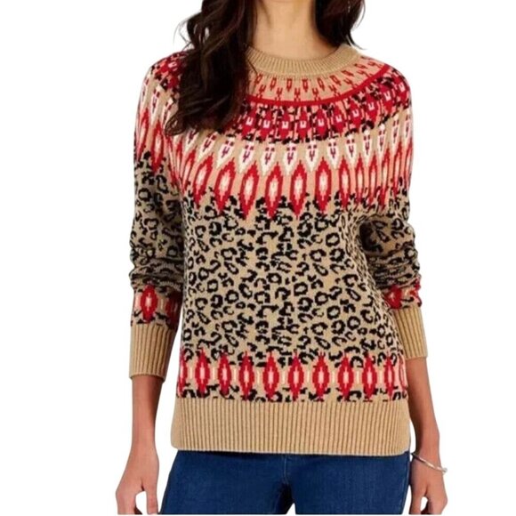 Charter Club Leopard Red Gold Fairisle Cotton Blend Pullover Sweater Size L - Picture 1 of 9